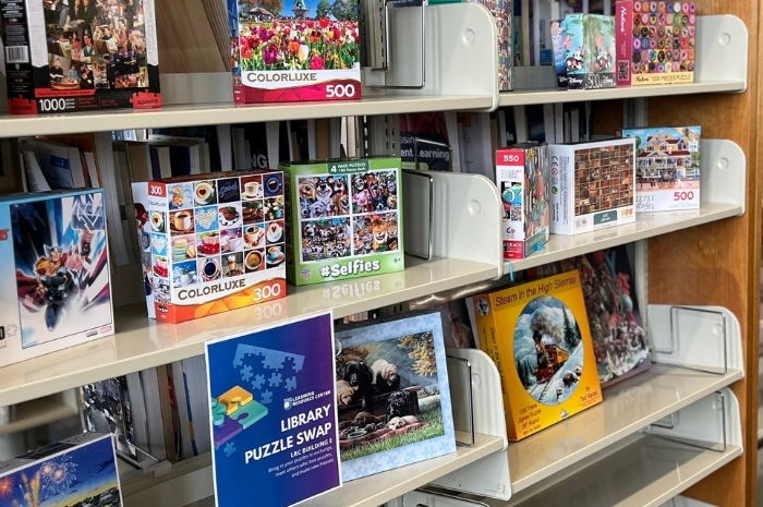 Image of a shelve with puzzles and things